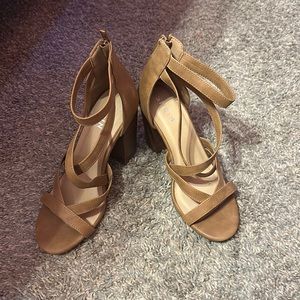 Tan crossed wedge heel